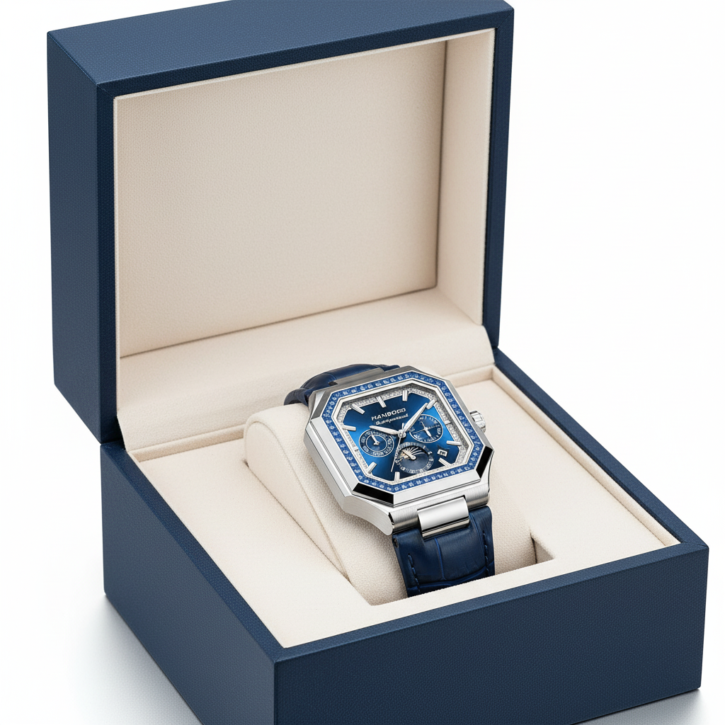 Blue watch with silver accents in an open blue box on a white background