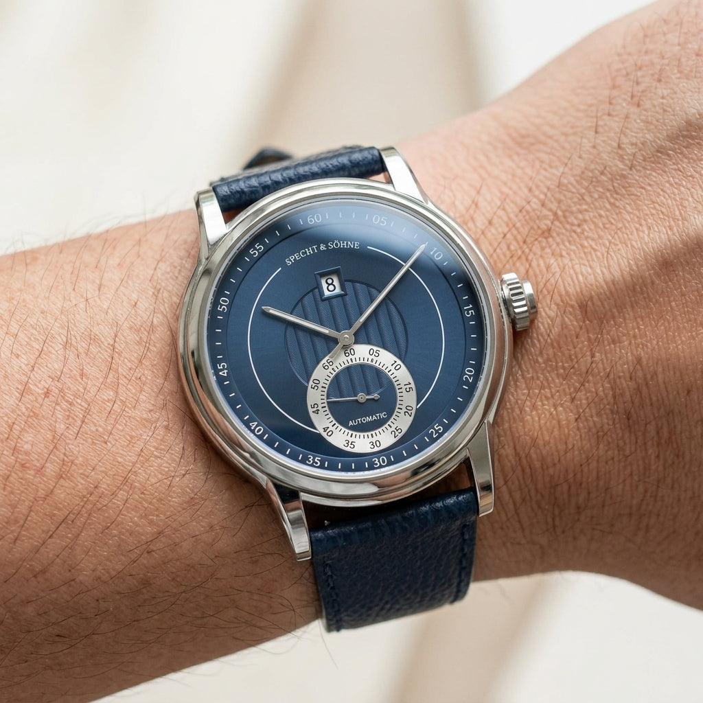 Blue wristwatch with a detailed face on a person's wrist against a neutral background