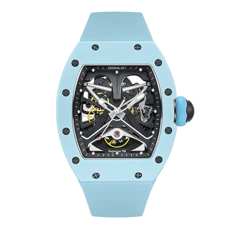 Blue wristwatch with a detailed face on a white background