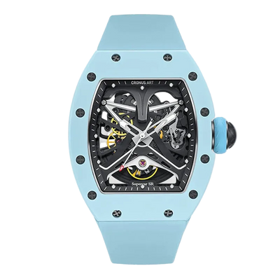 Blue wristwatch with a detailed face on a white background