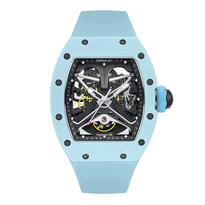 Blue wristwatch with a detailed face on a white background