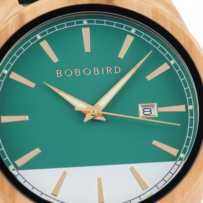 Bobo Bird watch with green face and wooden casing