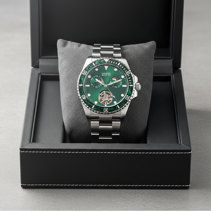 Bonest Gatti BG8003 men’s automatic skeleton watch with silver dial displayed in luxury presentation box with cushion