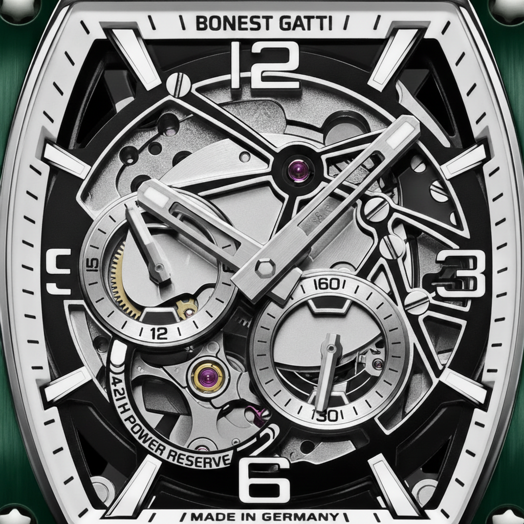 Macro view of BONEST GATTI BG9903 skeleton dial with luminous hands and exposed mechanical components
