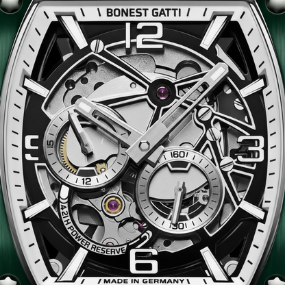 Macro view of BONEST GATTI BG9903 skeleton dial with luminous hands and exposed mechanical components
