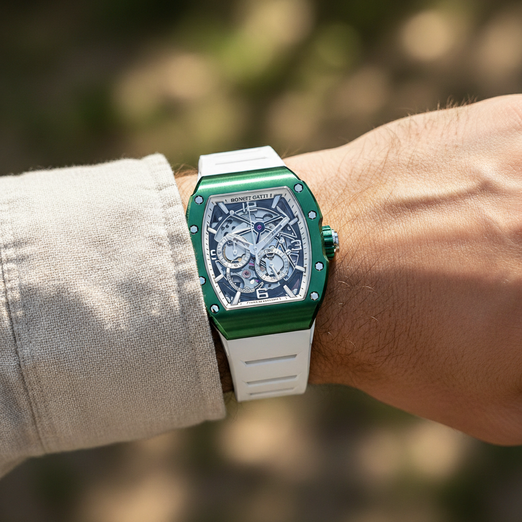 BONEST GATTI BG9903 green tonneau automatic skeleton watch worn on wrist with white strap
