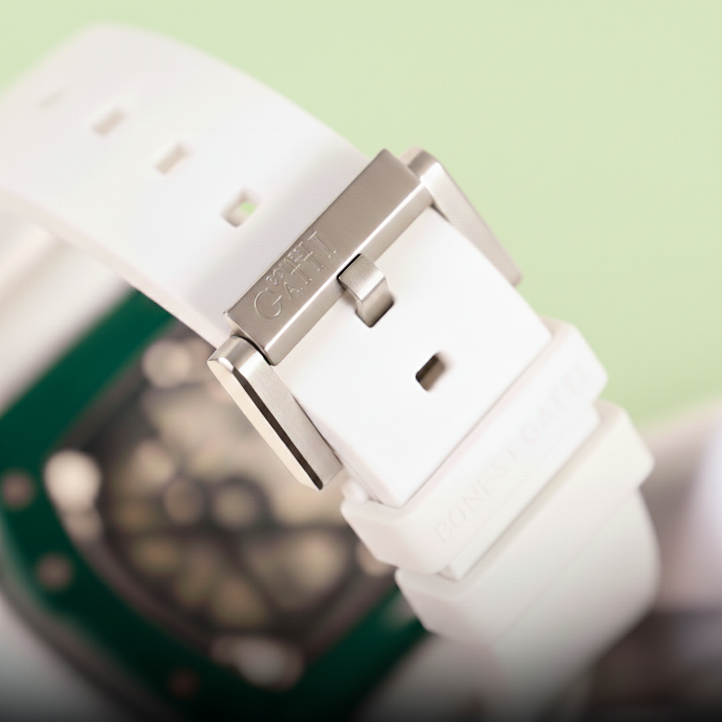 Close-up of BONEST GATTI BG9903 white strap clasp with engraved logo and brushed metal finish
