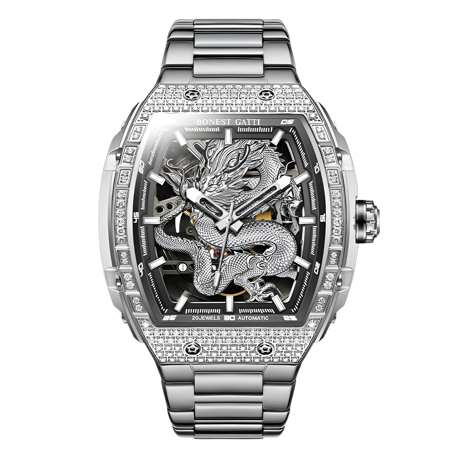 Bonest Gatti BG5605-A1 – Silver Dragon Skeleton Automatic Watch Front View Iced Bezel Edition