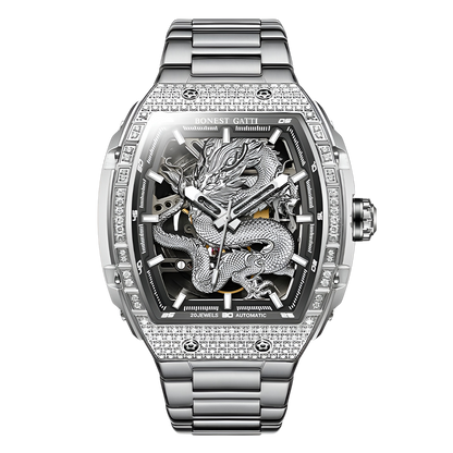 Bonest Gatti BG5605-A1 – Silver Dragon Skeleton Automatic Watch Front View Iced Bezel Edition