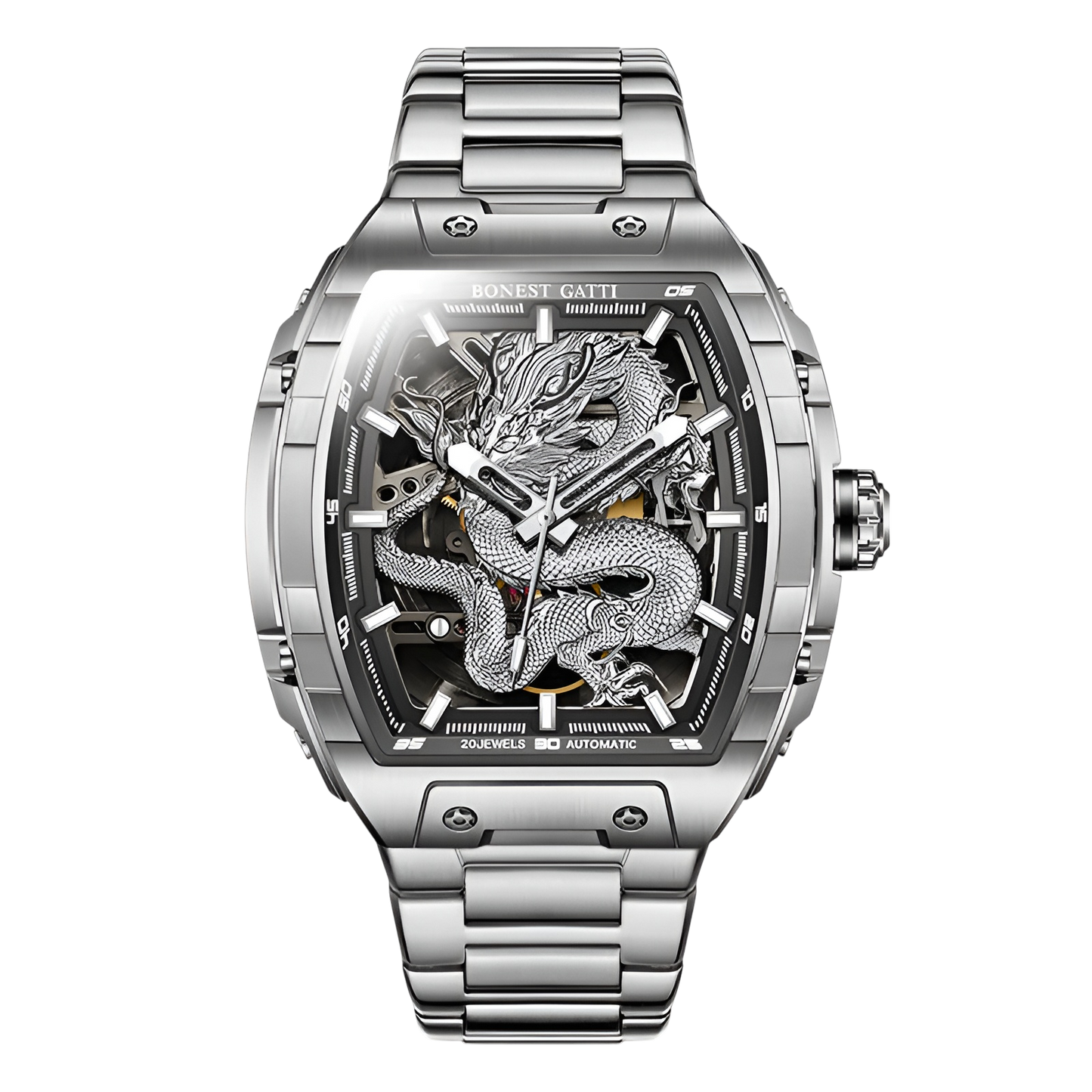 Bonest Gatti BG5605-A1 – Silver Dragon Skeleton Automatic Watch Front View

