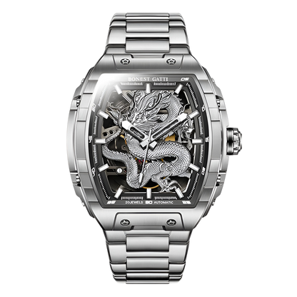 Bonest Gatti BG5605-A1 – Silver Dragon Skeleton Automatic Watch Front View
