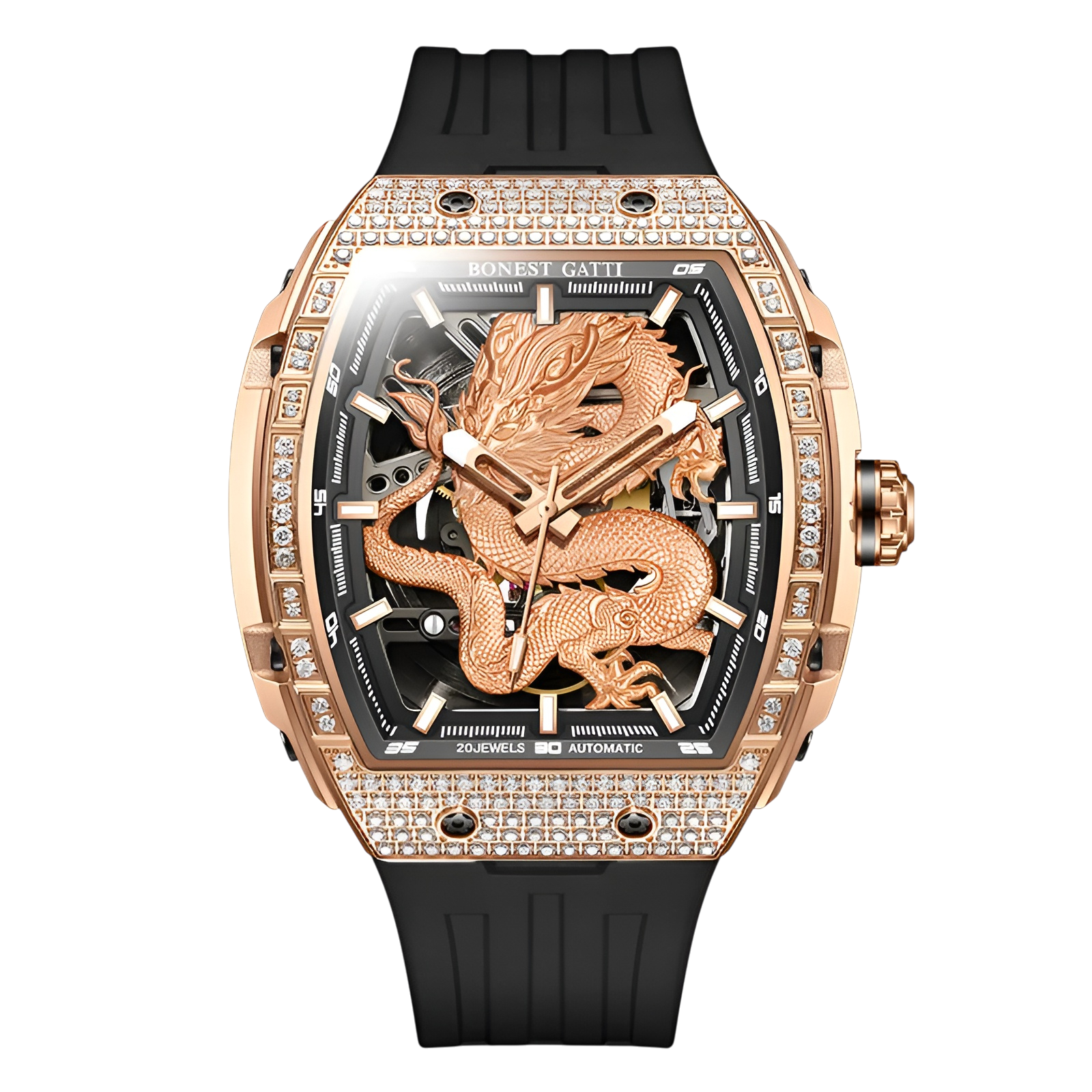 Bonest Gatti BG5605-A1 – Rose Gold Black Dragon Skeleton Automatic Watch Front View