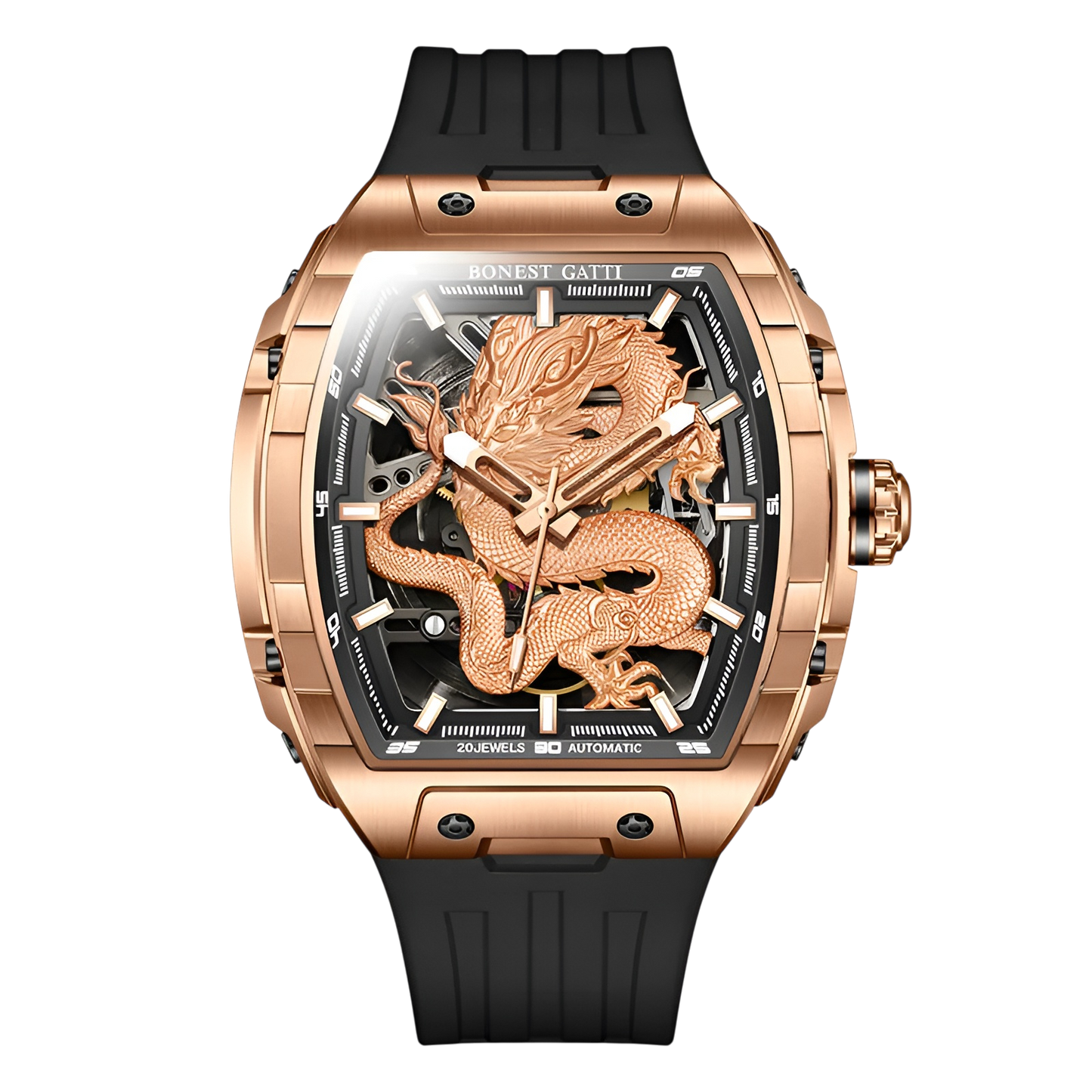 Bonest Gatti BG5605-A1 – Rose Gold Black Dragon Skeleton Automatic Watch Front View