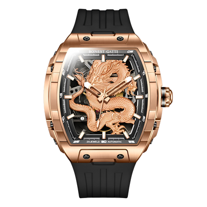 Bonest Gatti BG5605-A1 – Rose Gold Black Dragon Skeleton Automatic Watch Front View