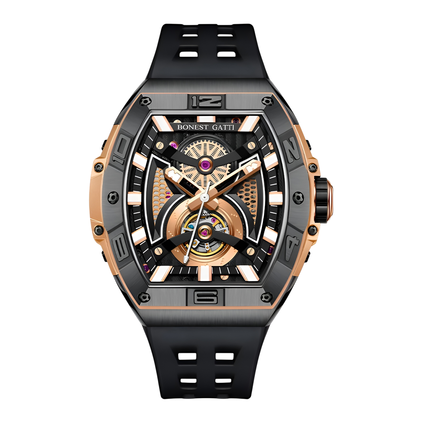 Bonest Gatti BG5701 – Rose Gold Phantom Skeleton Automatic Watch Front View
