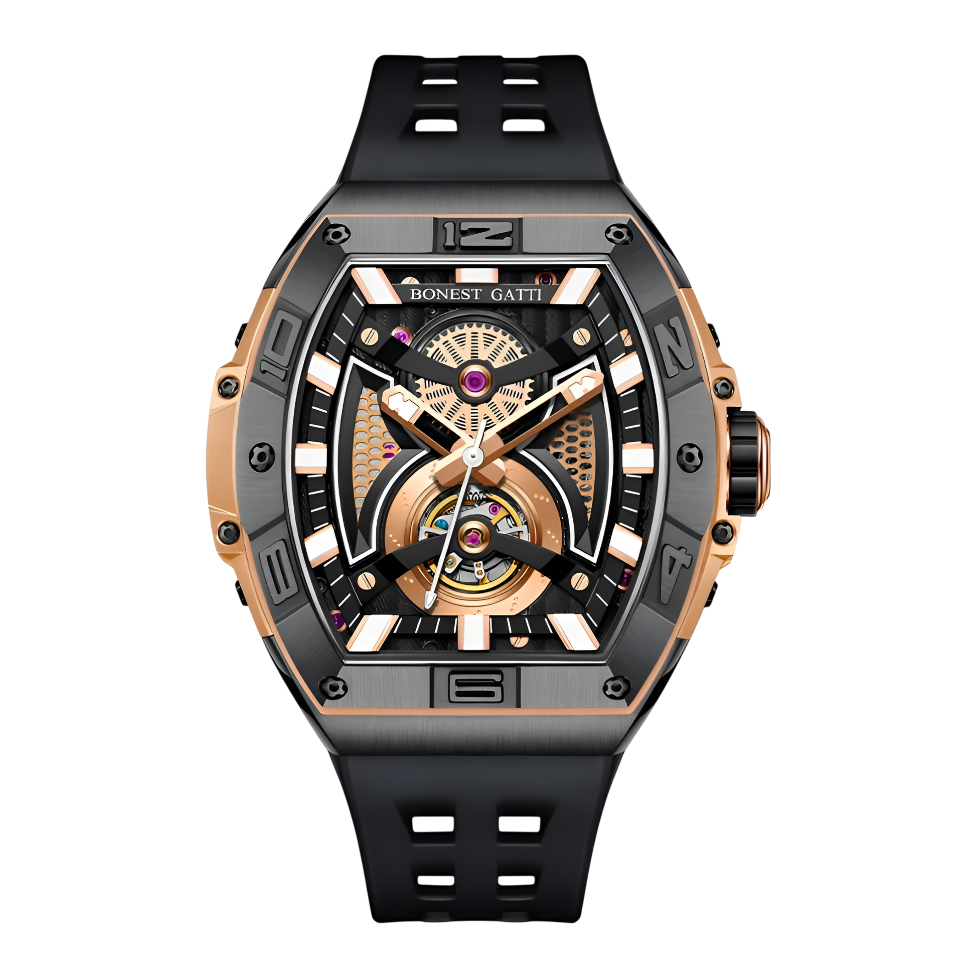 Bonest Gatti BG5701 – Rose Gold Phantom Skeleton Automatic Watch Front View
