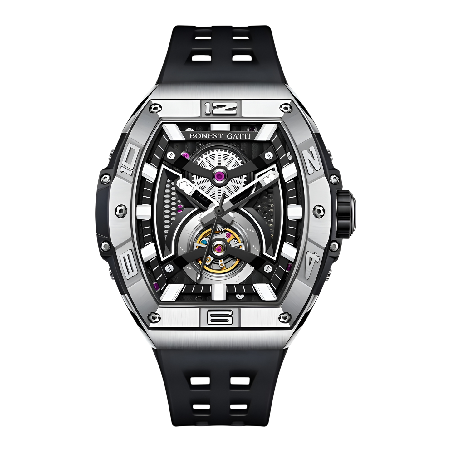 Bonest Gatti BG5701 – Silver Phantom Skeleton Automatic Watch Front View
