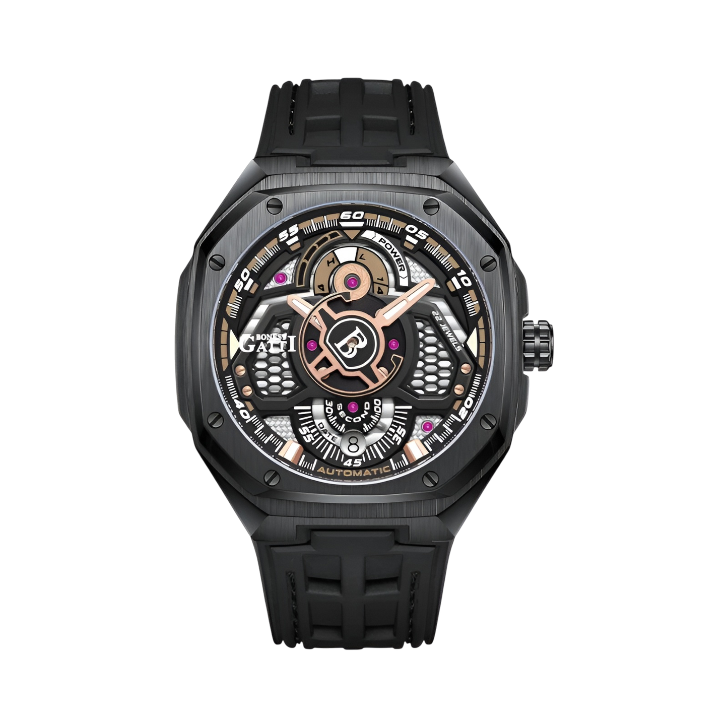 Bonest Gatti BG5801 – Black Gold Phantom Automatic Watch Front View
