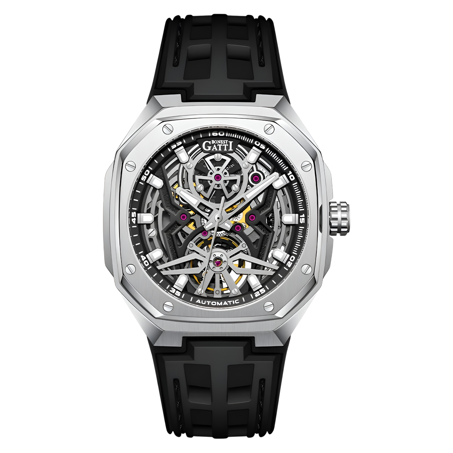 Bonest Gatti BG5802 – Silver Edge Edition Skeleton Automatic Watch Front View
