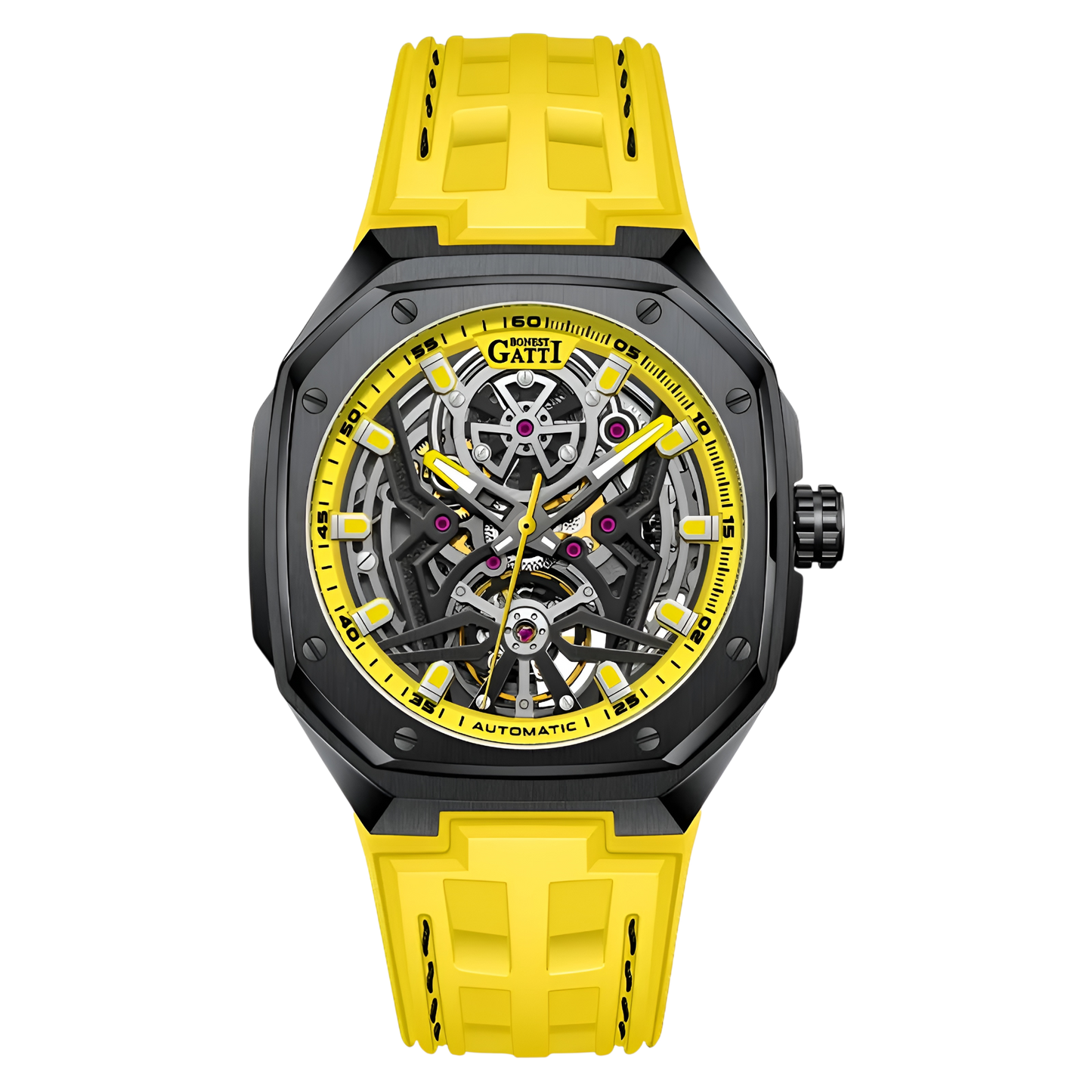 Bonest Gatti BG5802 – Yellow Sport Edition Skeleton Automatic Watch Front View
