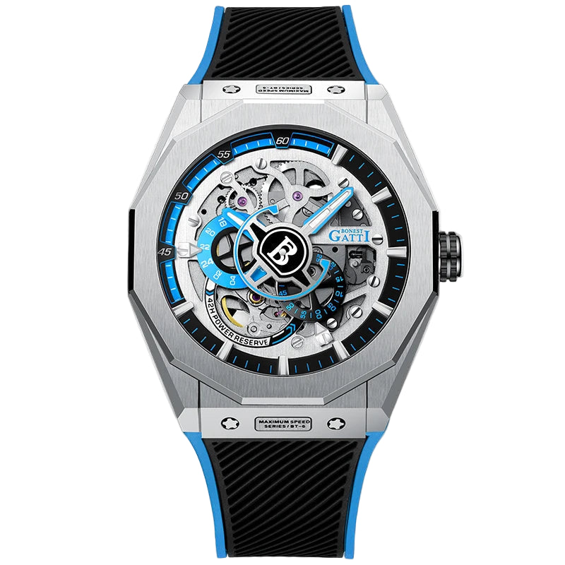Men’s Automatic Mechanical Watch with blue skeleton design and sapphire crystal