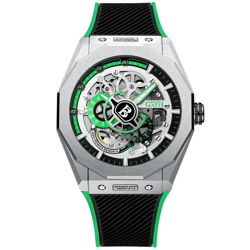 Bonest Gatti Skeleton Mechanical Watch in green with open-heart dial and steel case