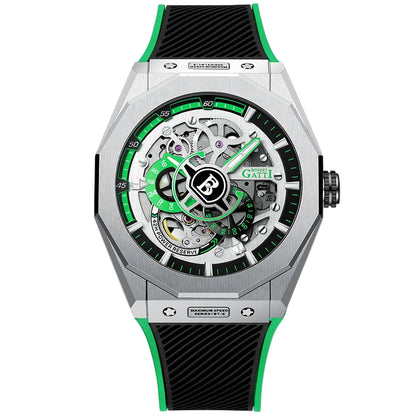 Bonest Gatti Skeleton Mechanical Watch in green with open-heart dial and steel case