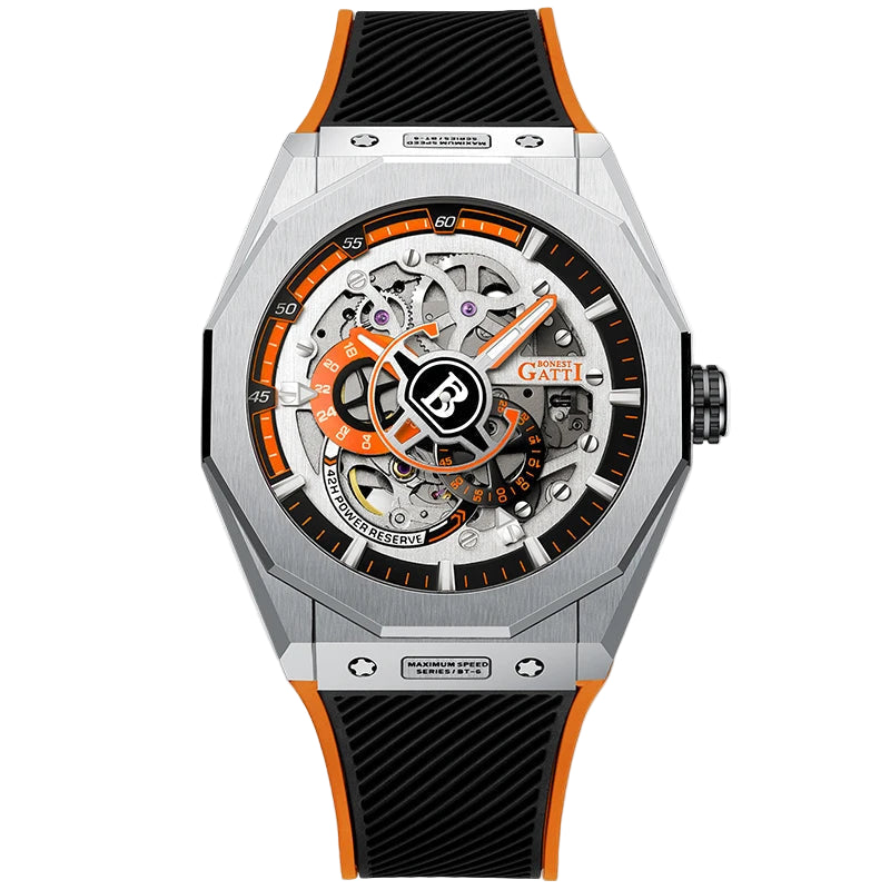 Bonest Gatti BG7601 Automatic Mechanical Watch with orange skeleton dial and stainless steel case