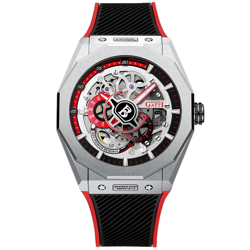 Bonest Gatti Mechanical Men’s Watch in red, featuring skeleton dial and black silicone strap