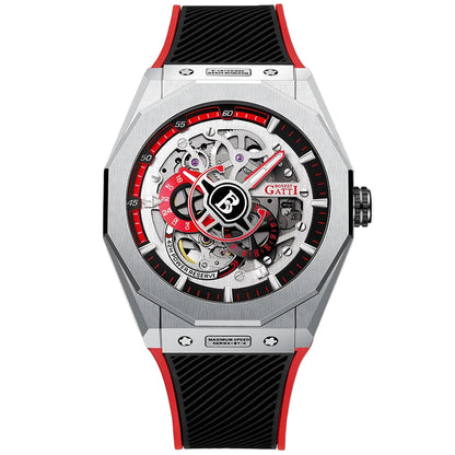 Bonest Gatti Mechanical Men’s Watch in red, featuring skeleton dial and black silicone strap