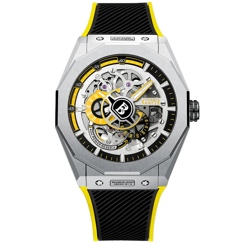 Automatic Men’s Mechanical Watch with yellow accents, sapphire glass, and visible movement