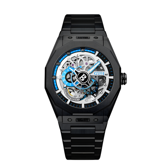Bonest Gatti BG7601-S Automatic Mechanical Watch with black skeleton dial and stainless steel bracelet
