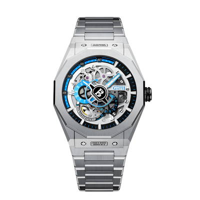 Bonest Gatti BG7601-S Automatic Watch with blue skeleton dial and metal bracelet