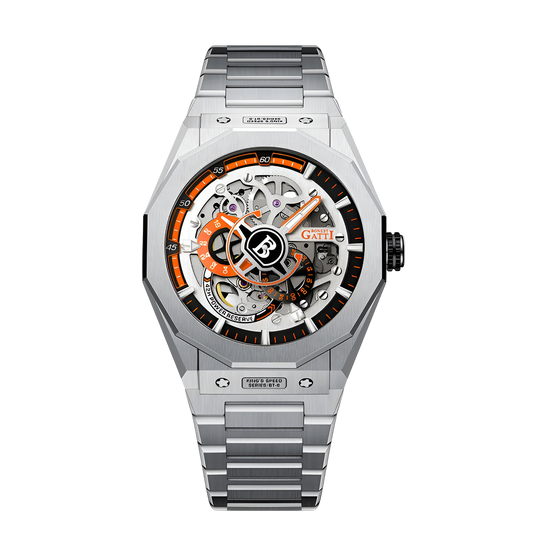 Men’s Automatic Mechanical Watch with orange skeleton dial and sapphire crystal