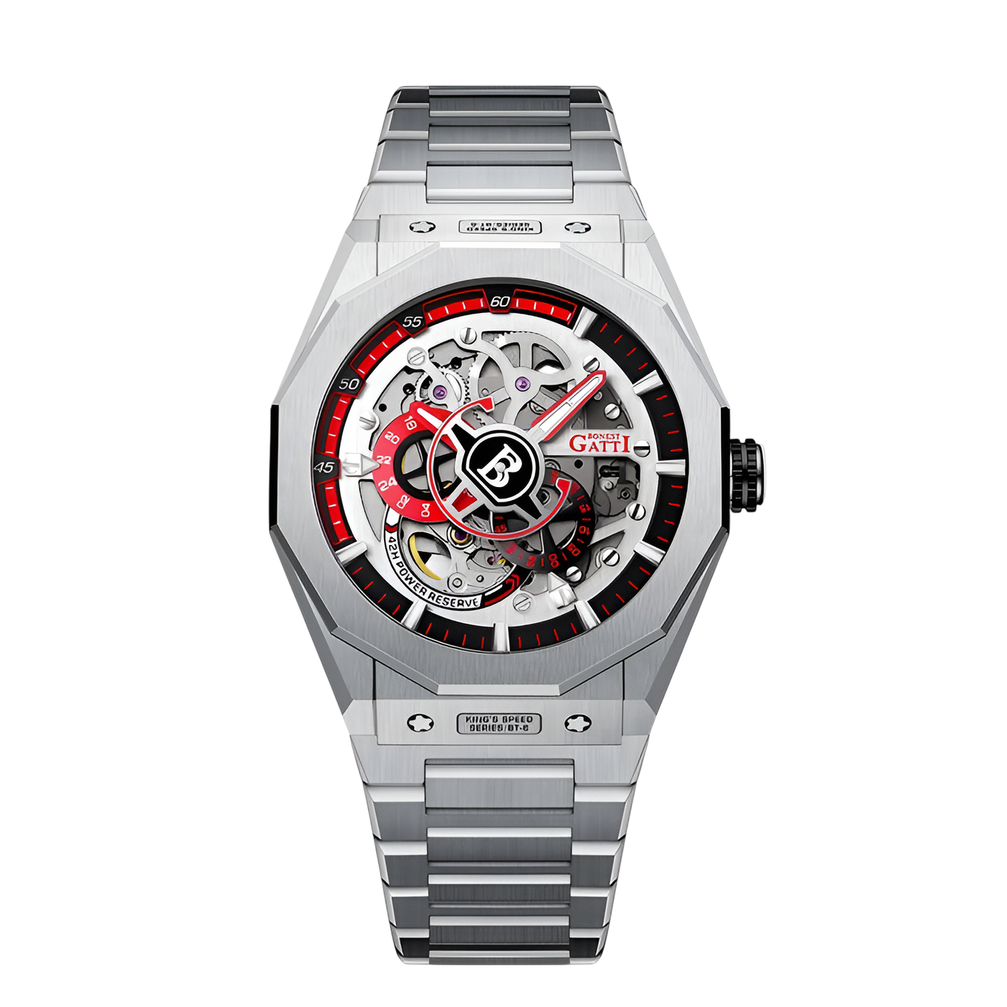 Bonest Gatti Mechanical Watch for men featuring red luminous dial and steel bracelet