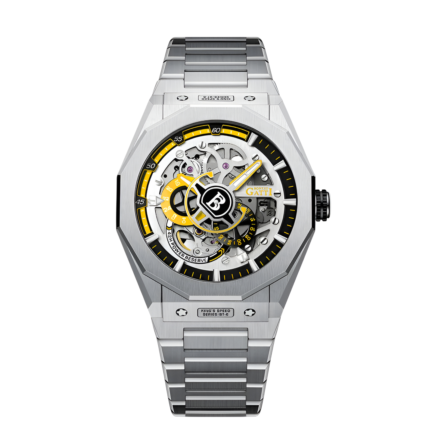 Automatic Men’s Mechanical Watch with yellow skeleton design and stainless steel case