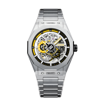 Automatic Men’s Mechanical Watch with yellow skeleton design and stainless steel case