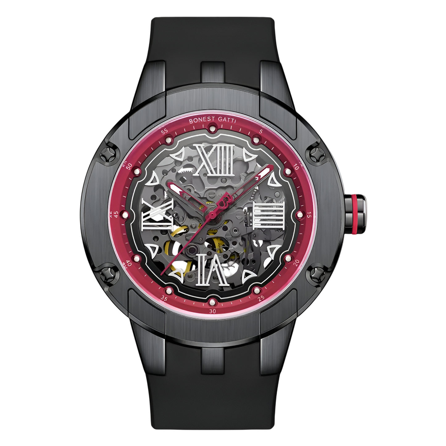 Bonest Gatti BG7701 Automatic Skeleton Watch with black and red dial and silicone strap