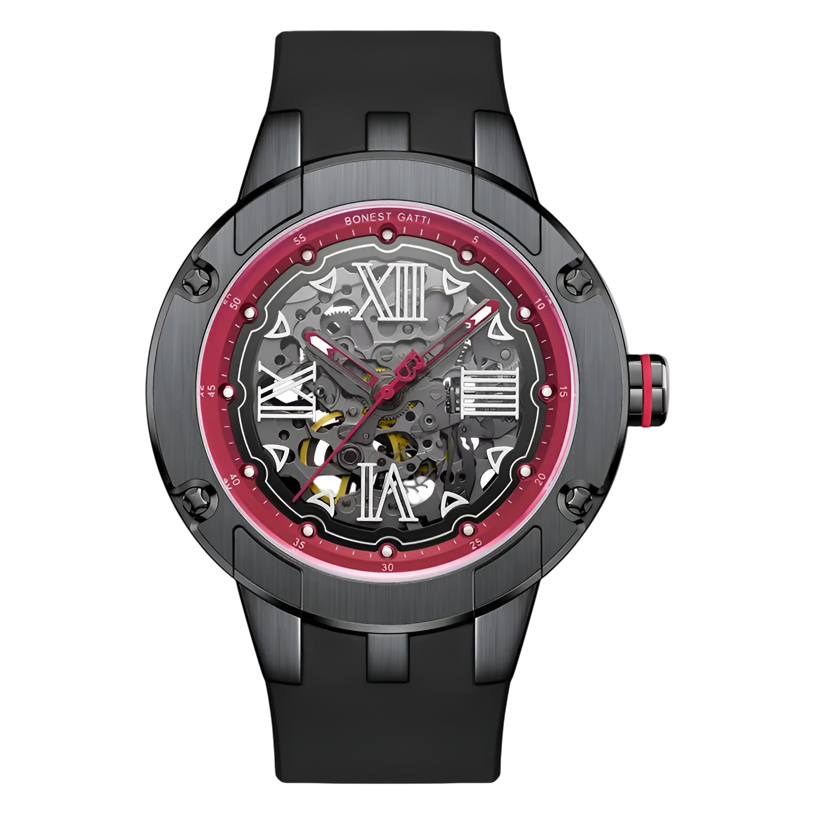 Bonest Gatti BG7701 Automatic Skeleton Watch with black and red dial and silicone strap