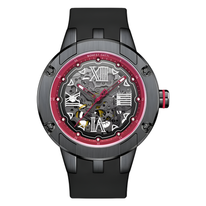 Bonest Gatti BG7701 Automatic Skeleton Watch with black and red dial and silicone strap