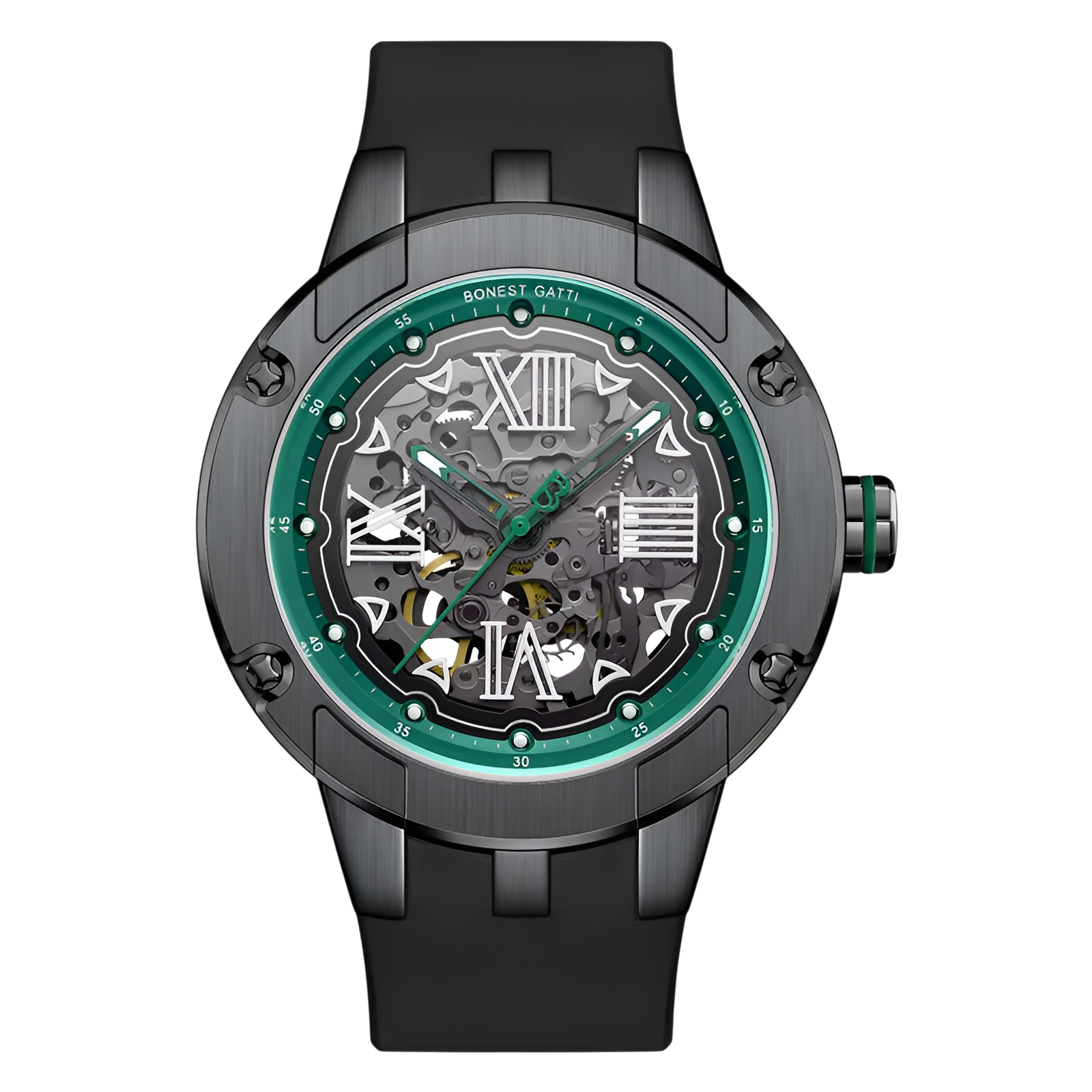 Men’s Automatic Skeleton Watch featuring Green skeleton dial and stainless steel case