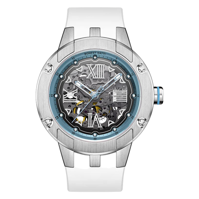 Bonest Gatti BG7701 Skeleton Watch with blue accents and white silicone strap