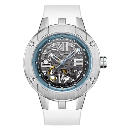 Bonest Gatti BG7701 Skeleton Watch with blue accents and white silicone strap
