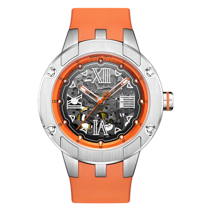 Men’s Automatic Skeleton Watch featuring orange skeleton dial and stainless steel case