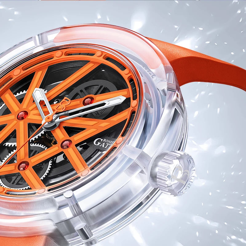 Close-up of Bonest Gatti BG7702 Automatic Watch crown and skeletonized orange dial