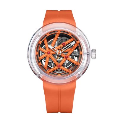 Bonest Gatti BG7702 Automatic Skeleton Watch with orange cross-beam dial and rubber strap