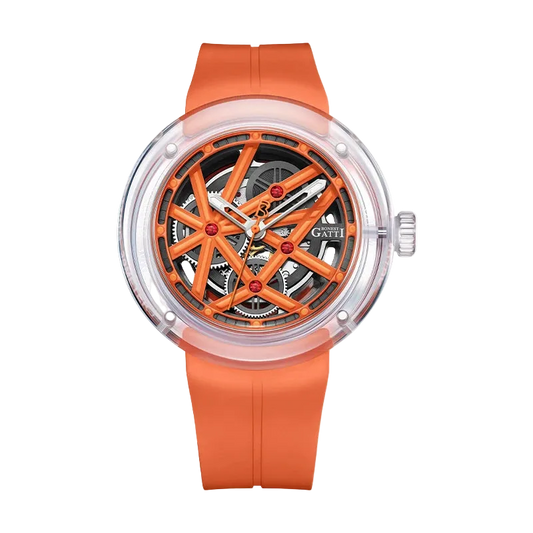 Bonest Gatti BG7702 Automatic Skeleton Watch with orange cross-beam dial and rubber strap