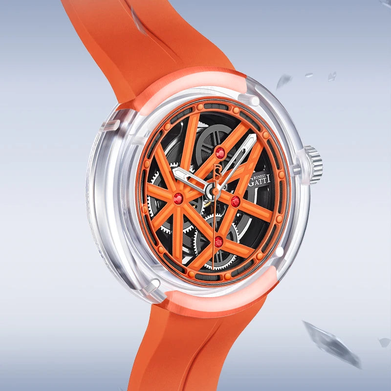 Mechanical skeleton watch with orange frame, sapphire crystal, and transparent case design