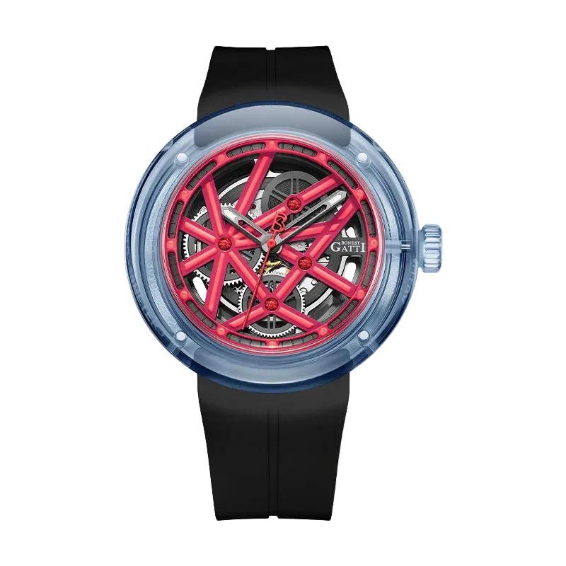 Men’s Automatic Skeleton Watch featuring red frame dial and black silicone strap