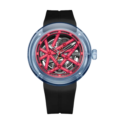 Men’s Automatic Skeleton Watch featuring red frame dial and black silicone strap